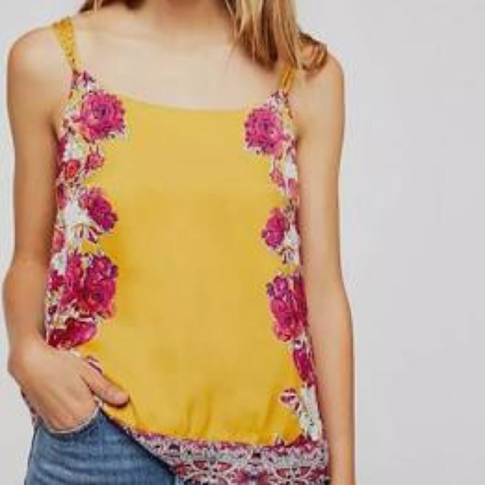 Free People Yellow Floral Satin Tank